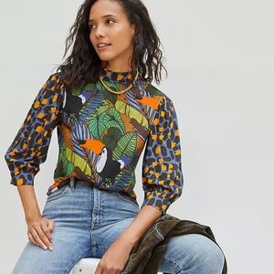Anthropologie jungle mixed print top blouse xs